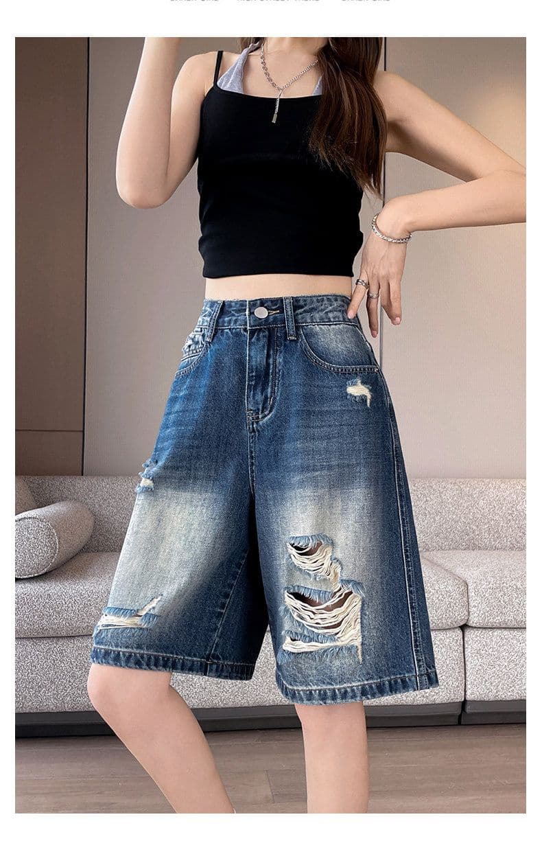 아메리칸 레트로 블루 찢어진 부분 5 점 청바지 여름 새로운 루즈핏 넓은 다리 데님 오부 바지 여성 여름 얇은 스타일 상세 이미지 15