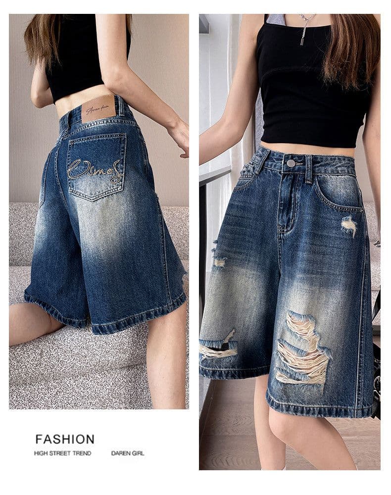 아메리칸 레트로 블루 찢어진 부분 5 점 청바지 여름 새로운 루즈핏 넓은 다리 데님 오부 바지 여성 여름 얇은 스타일 상세 이미지 16
