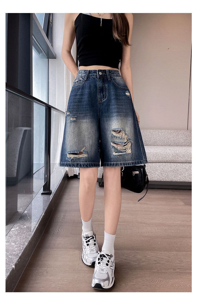 아메리칸 레트로 블루 찢어진 부분 5 점 청바지 여름 새로운 루즈핏 넓은 다리 데님 오부 바지 여성 여름 얇은 스타일 상세 이미지 17