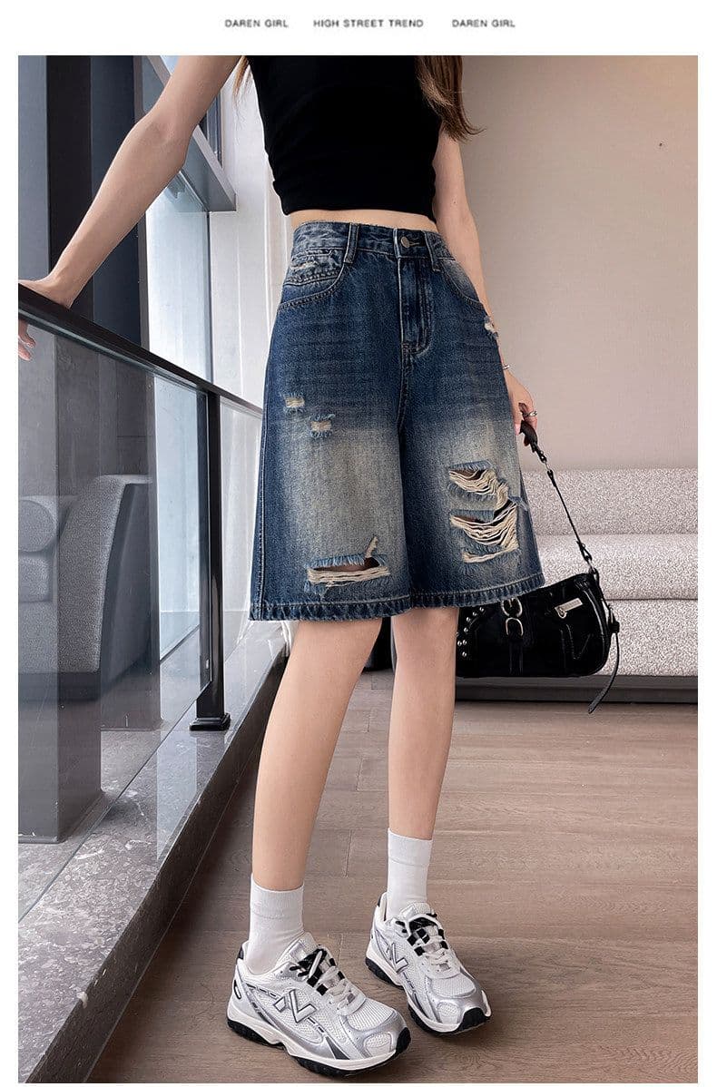 아메리칸 레트로 블루 찢어진 부분 5 점 청바지 여름 새로운 루즈핏 넓은 다리 데님 오부 바지 여성 여름 얇은 스타일 상세 이미지 18