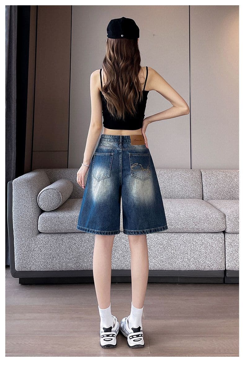 아메리칸 레트로 블루 찢어진 부분 5 점 청바지 여름 새로운 루즈핏 넓은 다리 데님 오부 바지 여성 여름 얇은 스타일 상세 이미지 20