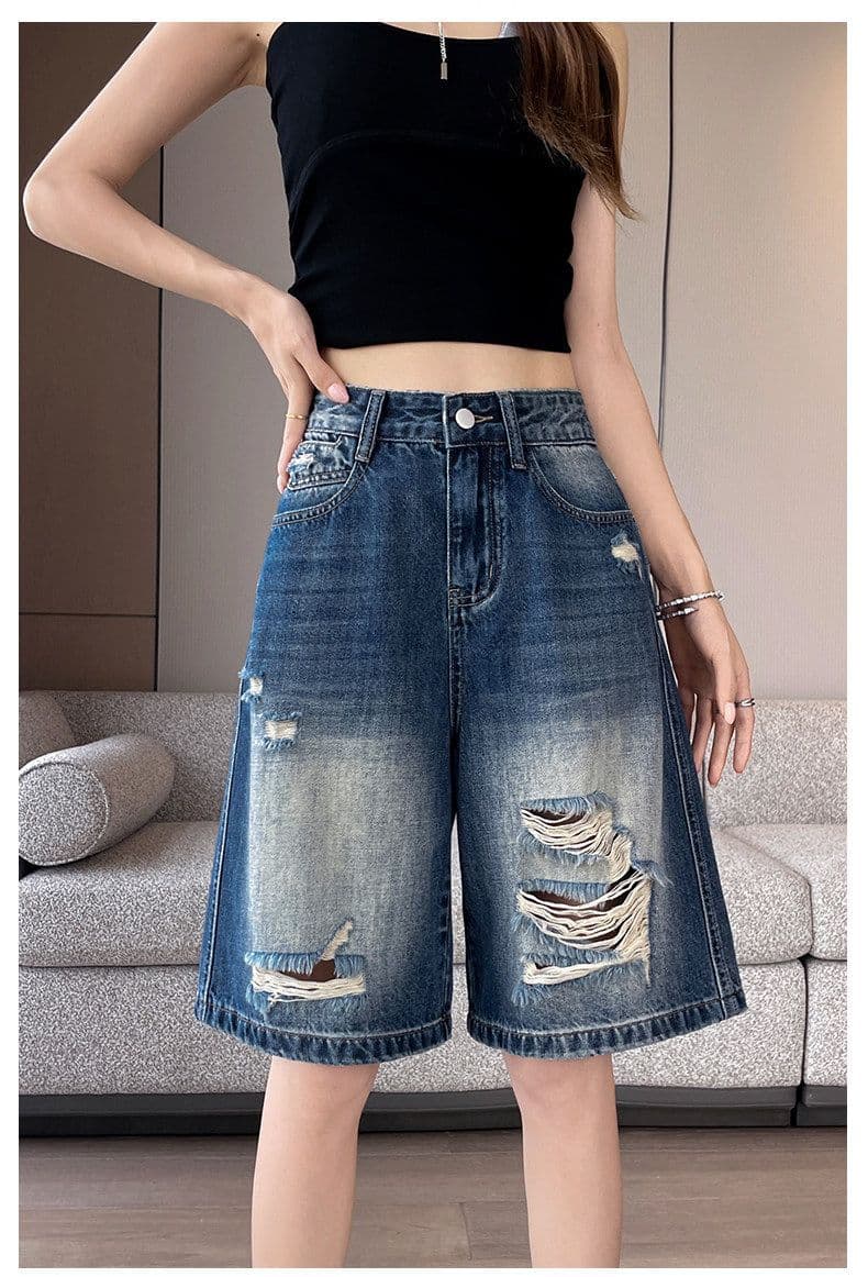 아메리칸 레트로 블루 찢어진 부분 5 점 청바지 여름 새로운 루즈핏 넓은 다리 데님 오부 바지 여성 여름 얇은 스타일 상세 이미지 22