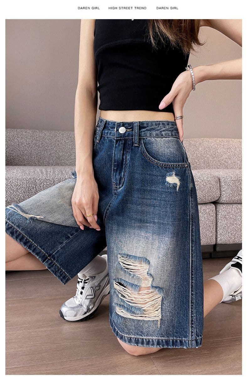 아메리칸 레트로 블루 찢어진 부분 5 점 청바지 여름 새로운 루즈핏 넓은 다리 데님 오부 바지 여성 여름 얇은 스타일 상세 이미지 23