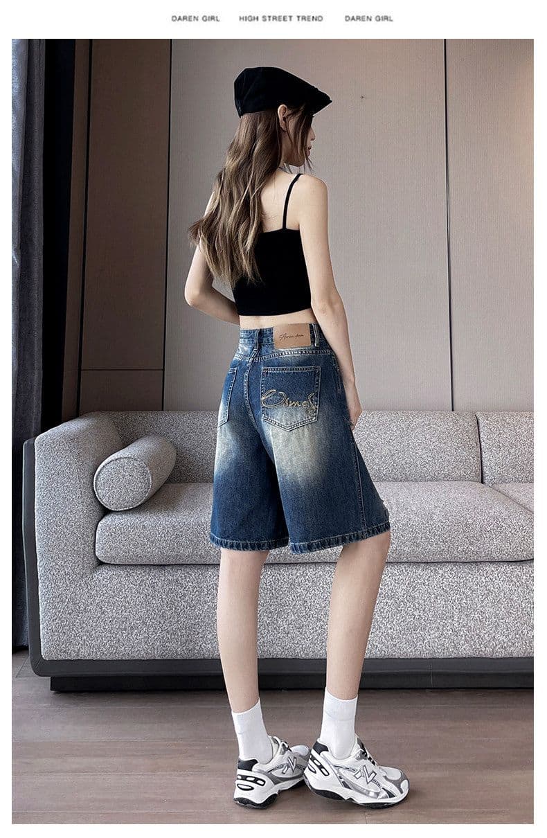 아메리칸 레트로 블루 찢어진 부분 5 점 청바지 여름 새로운 루즈핏 넓은 다리 데님 오부 바지 여성 여름 얇은 스타일 상세 이미지 24