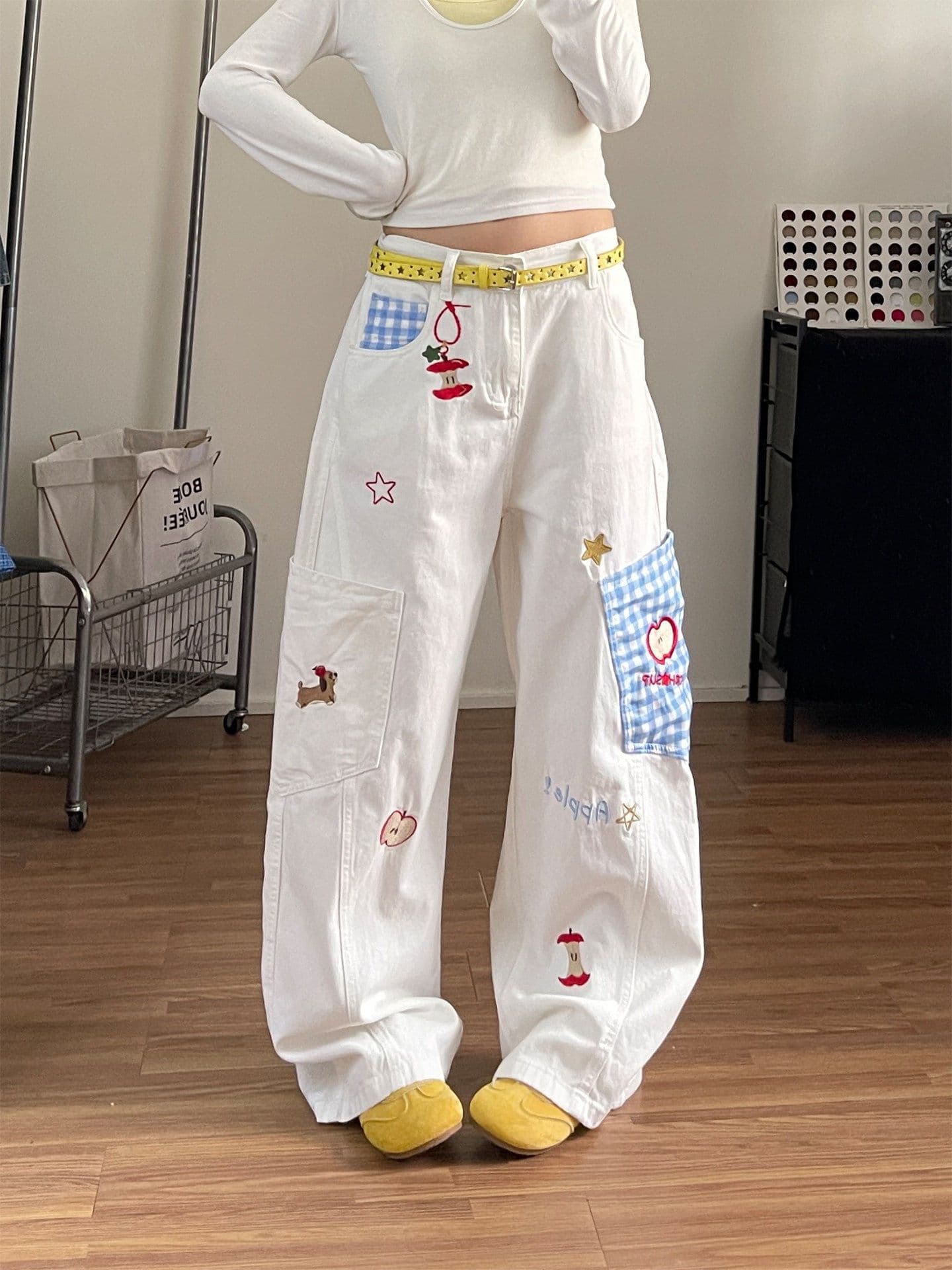 아메리칸 재미있는 애플 강아지 자수 넓은 다리 청바지 여성 루즈핏 스트레이트 배 모양 몸 데님 와이드 레깅스 바지 이미지 3