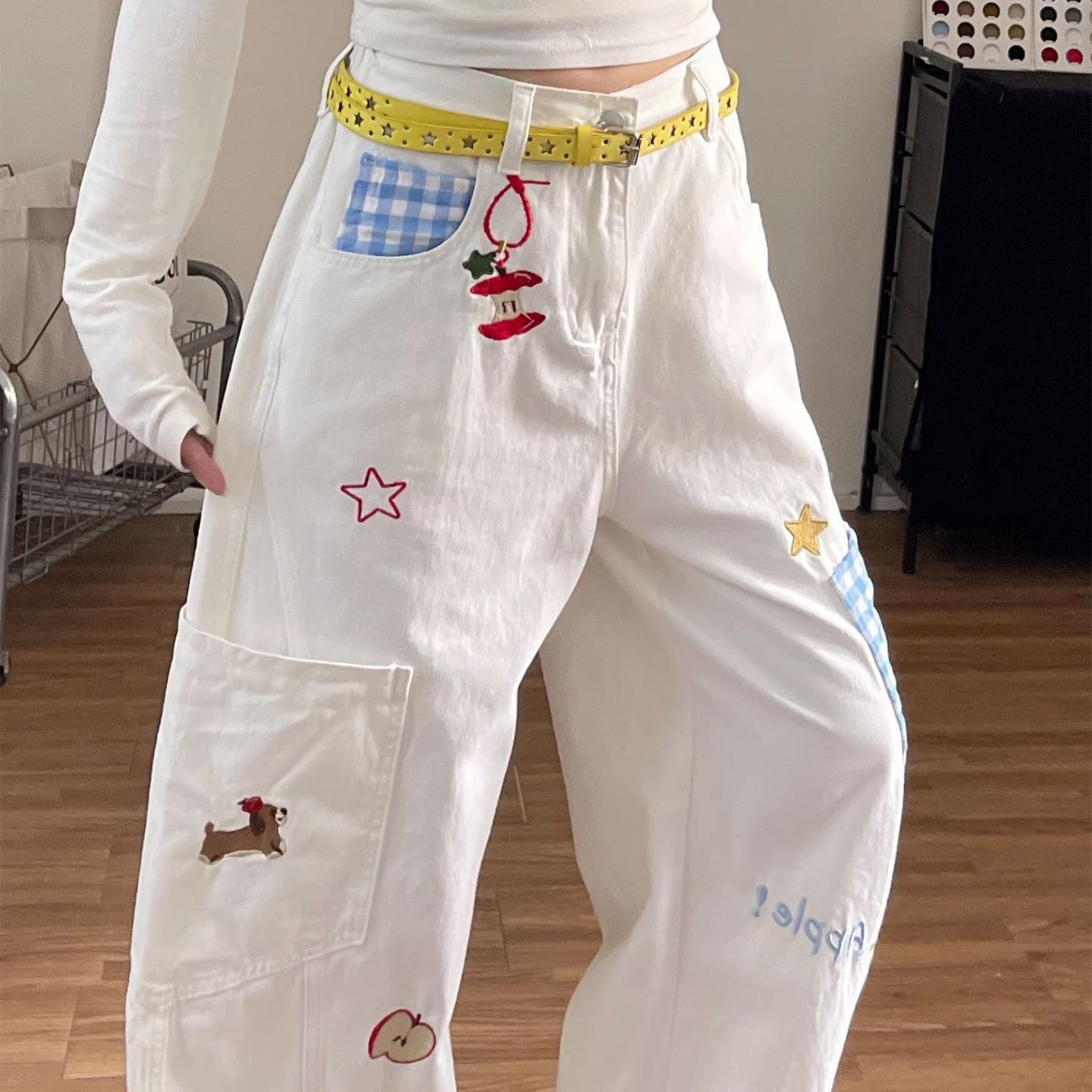 아메리칸 재미있는 애플 강아지 자수 넓은 다리 청바지 여성 루즈핏 스트레이트 배 모양 몸 데님 와이드 레깅스 바지 이미지 5