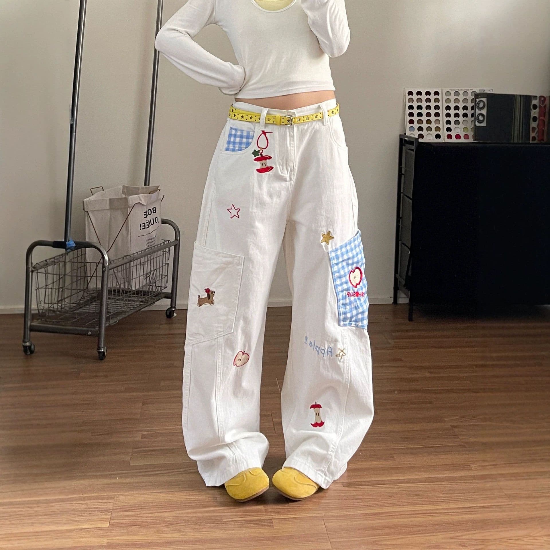 아메리칸 재미있는 애플 강아지 자수 넓은 다리 청바지 여성 루즈핏 스트레이트 배 모양 몸 데님 와이드 레깅스 바지 상세 이미지 2