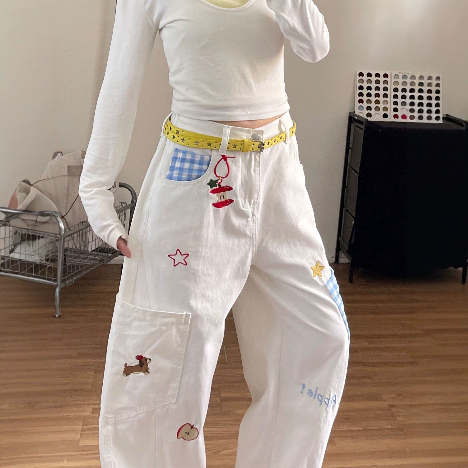 아메리칸 재미있는 애플 강아지 자수 넓은 다리 청바지 여성 루즈핏 스트레이트 배 모양 몸 데님 와이드 레깅스 바지 상세 이미지 4