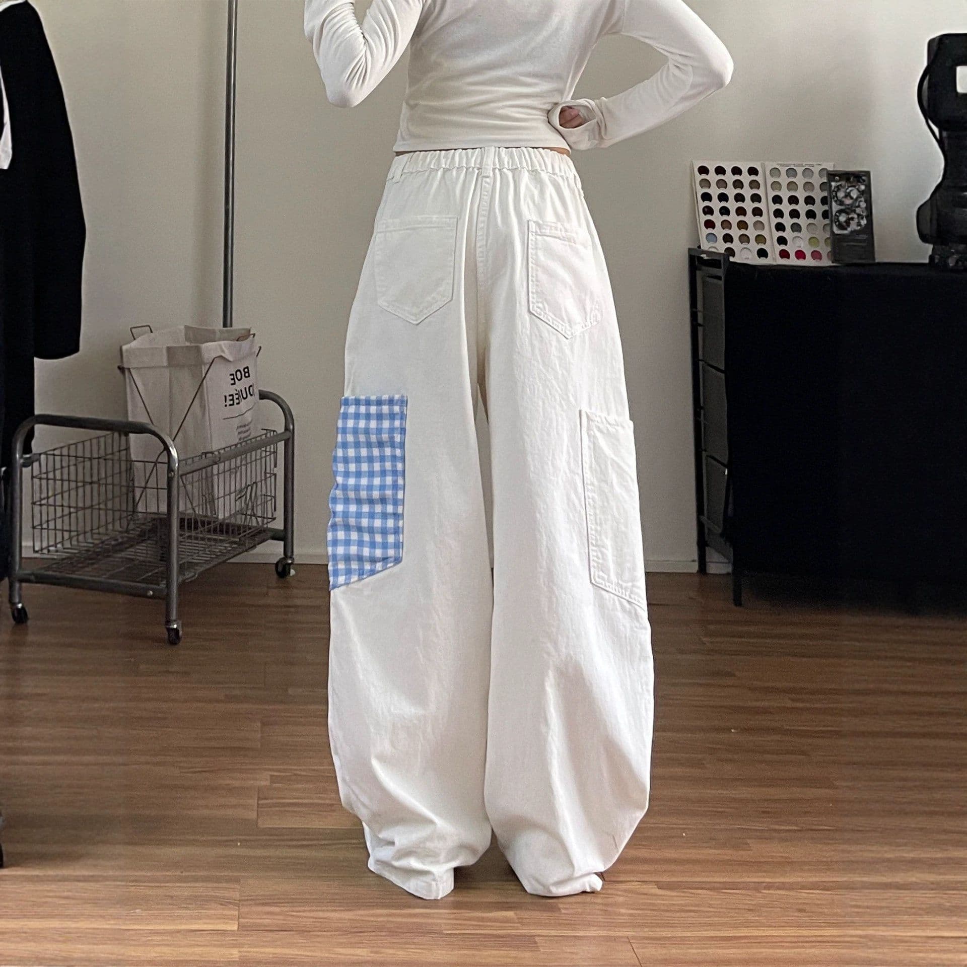아메리칸 재미있는 애플 강아지 자수 넓은 다리 청바지 여성 루즈핏 스트레이트 배 모양 몸 데님 와이드 레깅스 바지 상세 이미지 5