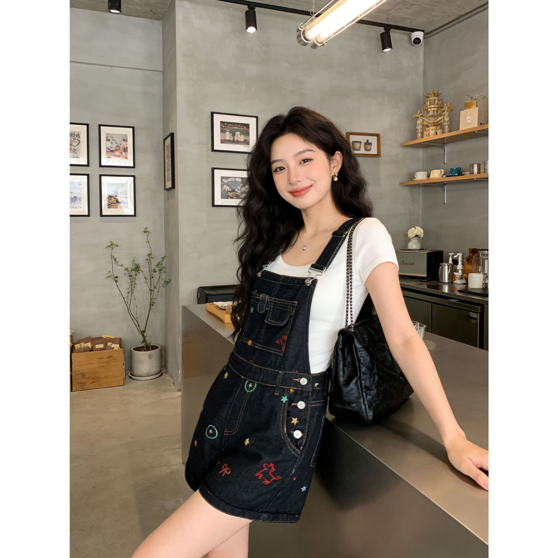 한 스타일 학원 스타일 자수 데님 멜빵 반바지 여성 여름 새로운 작은 키 연령 감소 다용도 장난기 넘치는 와이드 레그 팬츠 이미지 4