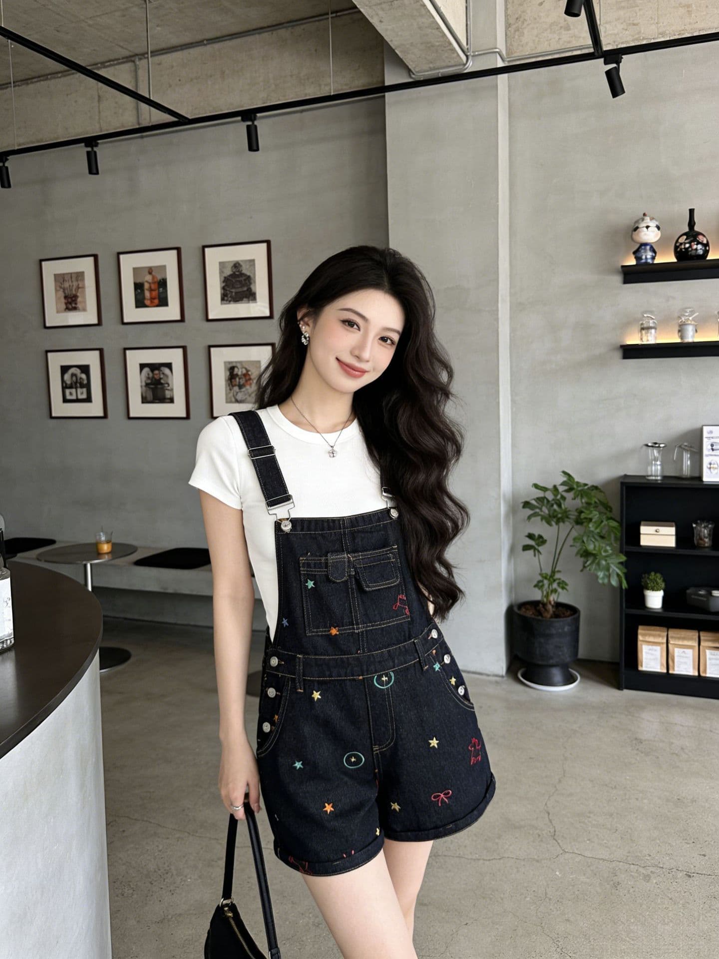 한 스타일 학원 스타일 자수 데님 멜빵 반바지 여성 여름 새로운 작은 키 연령 감소 다용도 장난기 넘치는 와이드 레그 팬츠 상세 이미지 2