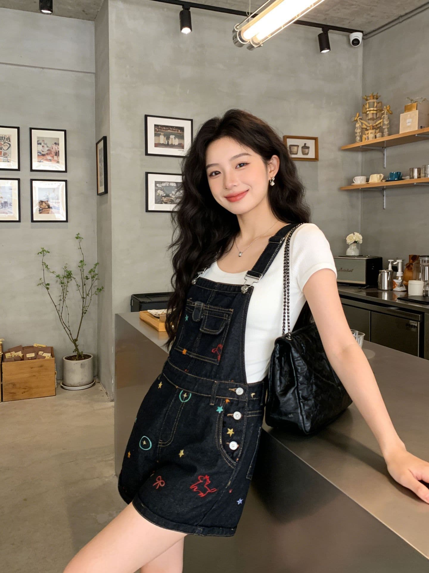 한 스타일 학원 스타일 자수 데님 멜빵 반바지 여성 여름 새로운 작은 키 연령 감소 다용도 장난기 넘치는 와이드 레그 팬츠 상세 이미지 3
