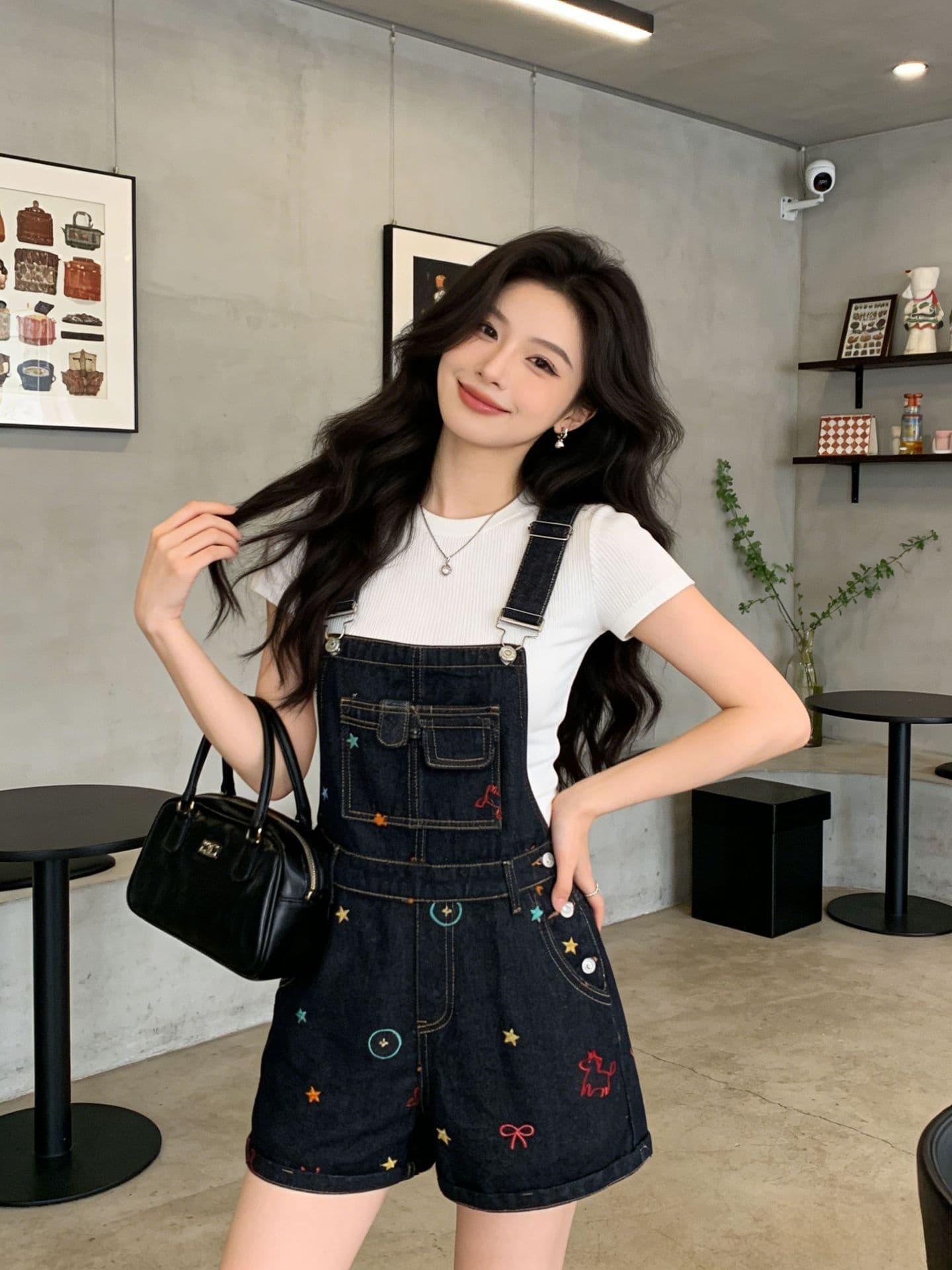한 스타일 학원 스타일 자수 데님 멜빵 반바지 여성 여름 새로운 작은 키 연령 감소 다용도 장난기 넘치는 와이드 레그 팬츠 상세 이미지 4