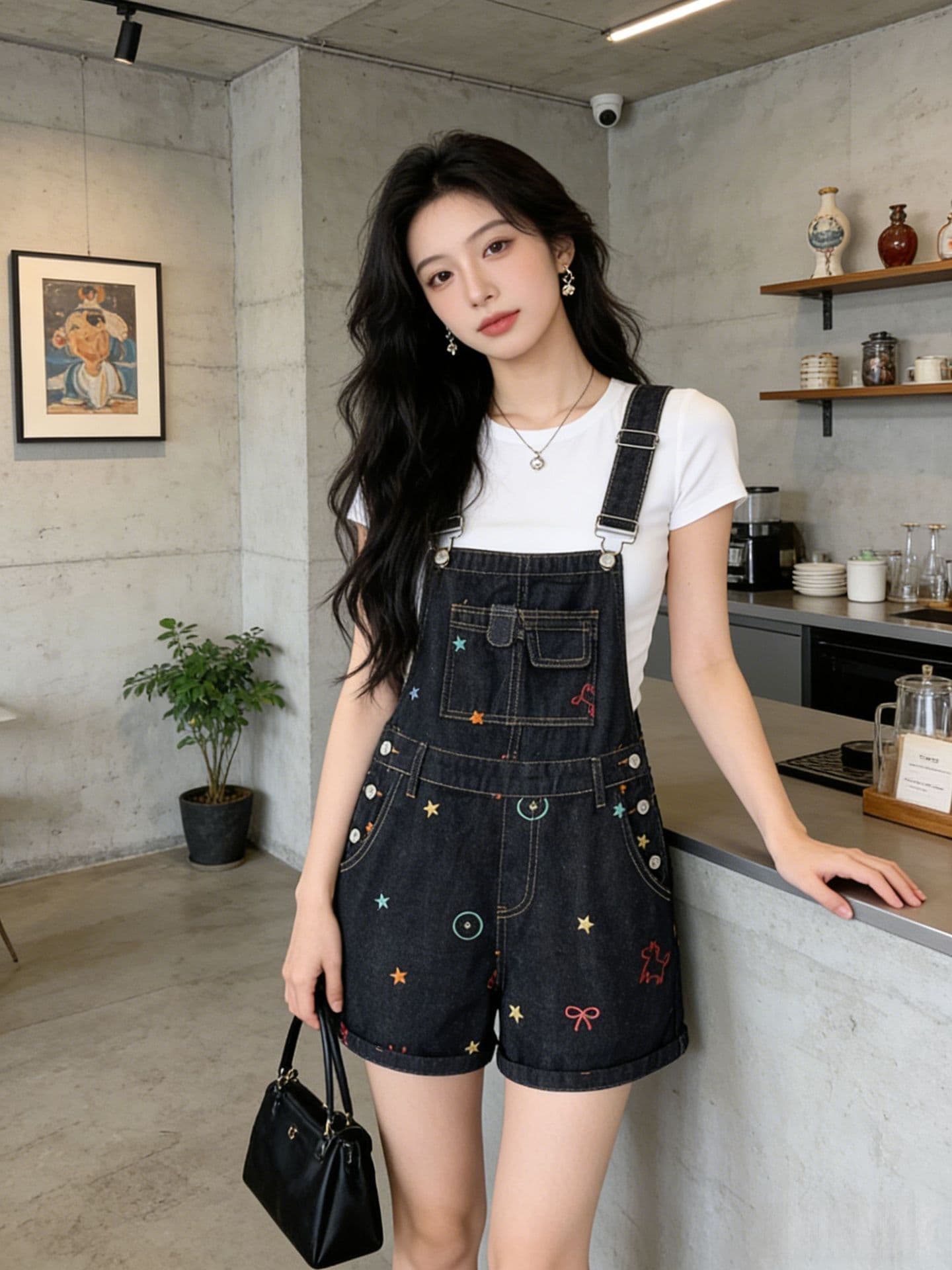 한 스타일 학원 스타일 자수 데님 멜빵 반바지 여성 여름 새로운 작은 키 연령 감소 다용도 장난기 넘치는 와이드 레그 팬츠 상세 이미지 6
