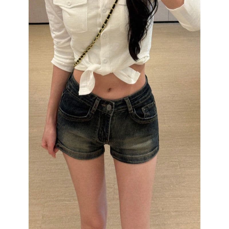 아메리칸 높음 거리 마 오래된 데님 반바지 여성 디자인 센스 자수 로우 웨이스트 몸매 가꾸기 슬림해 보이는 신축성 스트레이트 넓은 다리 핫 바지