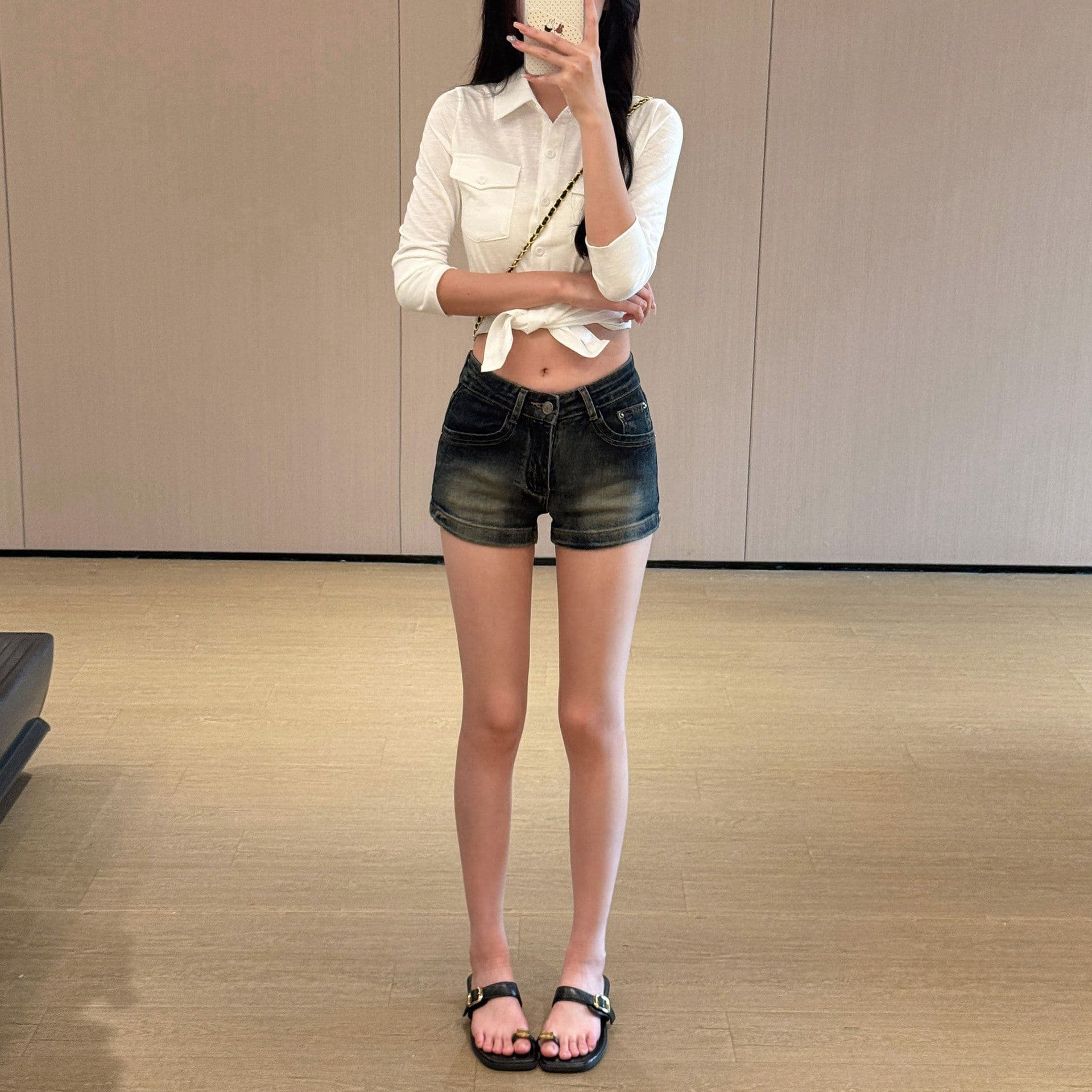 아메리칸 높음 거리 마 오래된 데님 반바지 여성 디자인 센스 자수 로우 웨이스트 몸매 가꾸기 슬림해 보이는 신축성 스트레이트 넓은 다리 핫 바지 상세 이미지 3