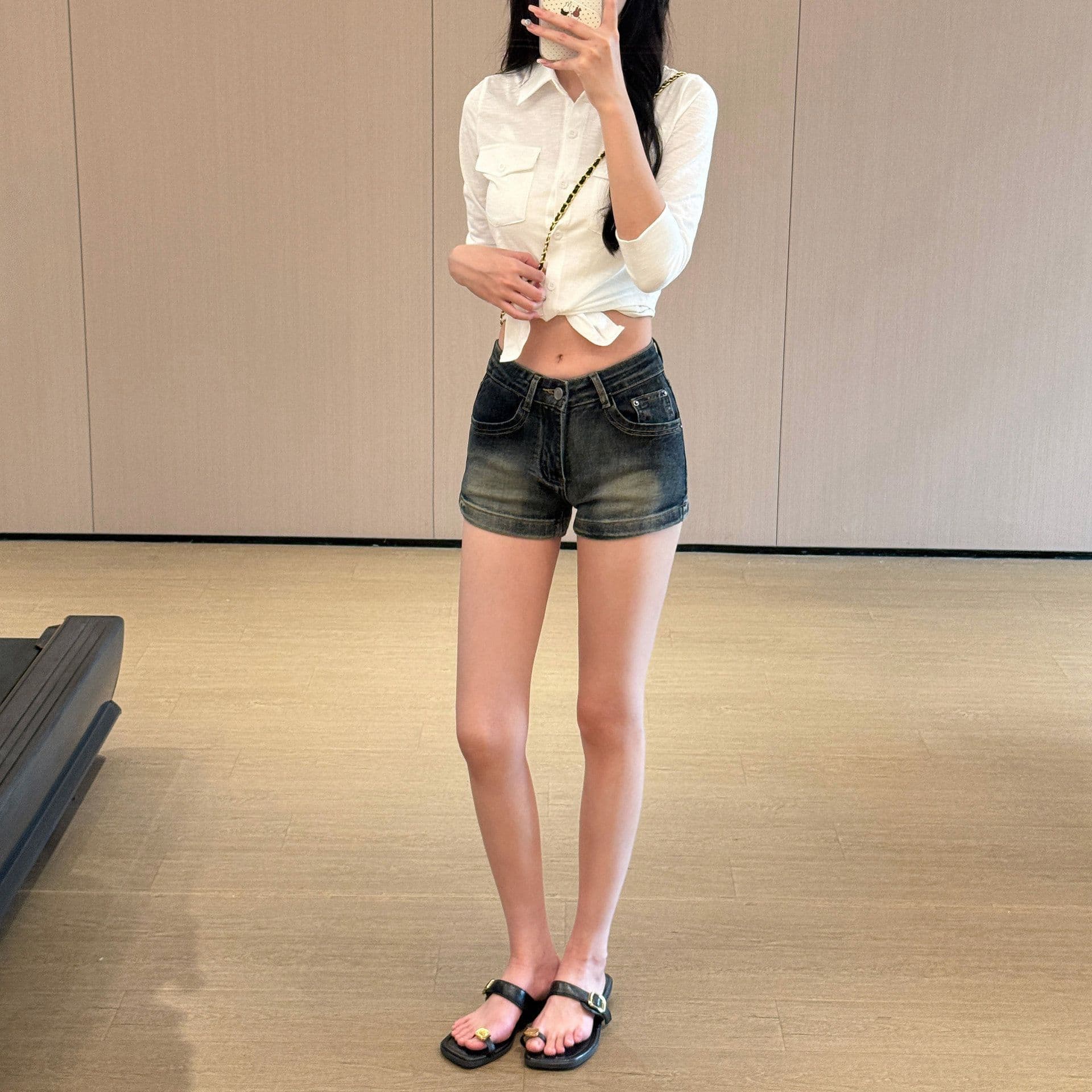 아메리칸 높음 거리 마 오래된 데님 반바지 여성 디자인 센스 자수 로우 웨이스트 몸매 가꾸기 슬림해 보이는 신축성 스트레이트 넓은 다리 핫 바지 상세 이미지 5
