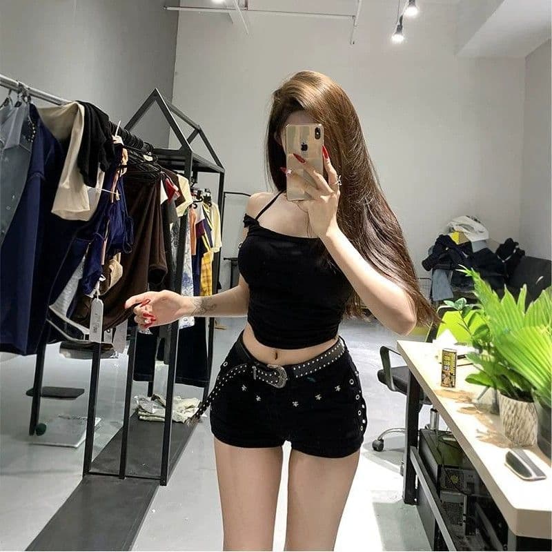 검정색 로우 웨이스트 징 펭 넓적 다리 데님 초단바지 여성 여름 새로운 타이트 슬림해 보이는 핫 바지