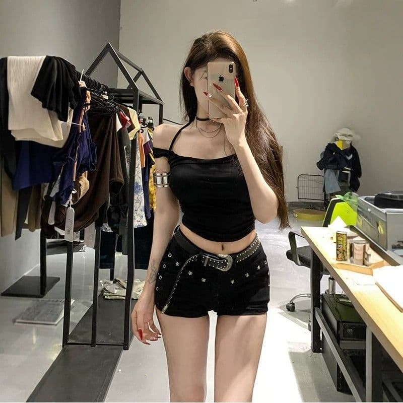 검정색 로우 웨이스트 징 펭 넓적 다리 데님 초단바지 여성 여름 새로운 타이트 슬림해 보이는 핫 바지 이미지 3
