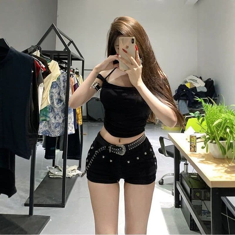 검정색 로우 웨이스트 징 펭 넓적 다리 데님 초단바지 여성 여름 새로운 타이트 슬림해 보이는 핫 바지 상세 이미지 3