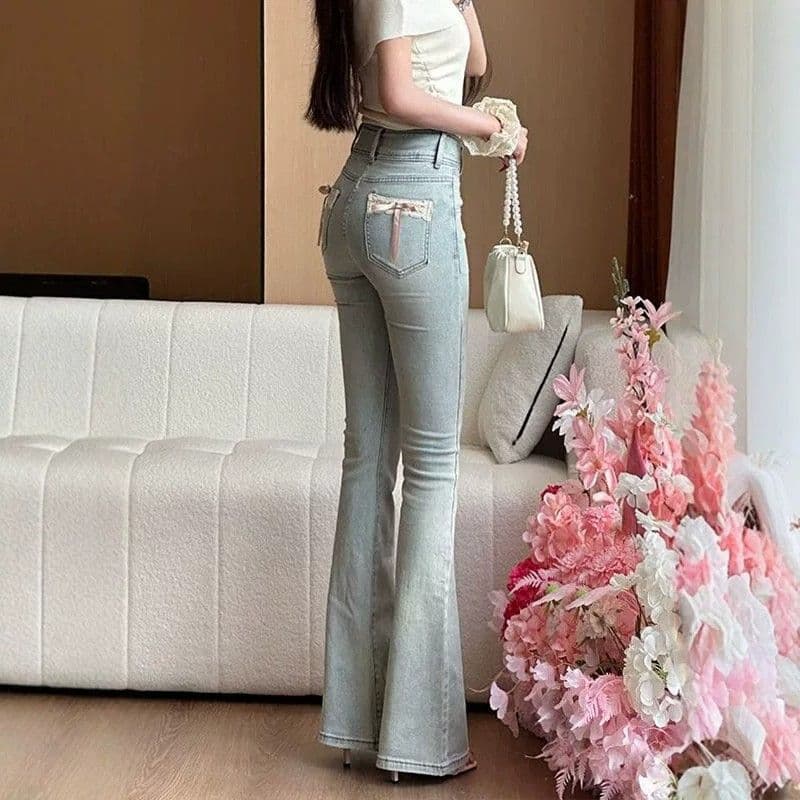 나비 매듭 레이스 조각 부츠컷 청바지 여성 2026 여름 리프트 엉덩이 슬림해 보이는 나팔 바지 상세 이미지 3