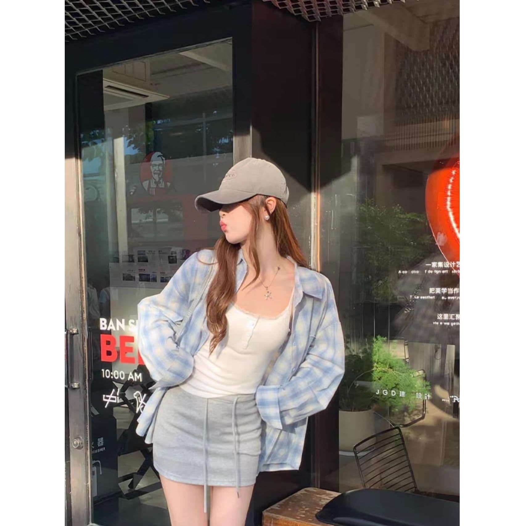 한 부서 느긋한 파란색 체크무늬 여성 셔츠 봄 가을 새로운 작은 키 연령 감소 학생 외부 가져 가라. 슬림해 보이는 맨위 재킷