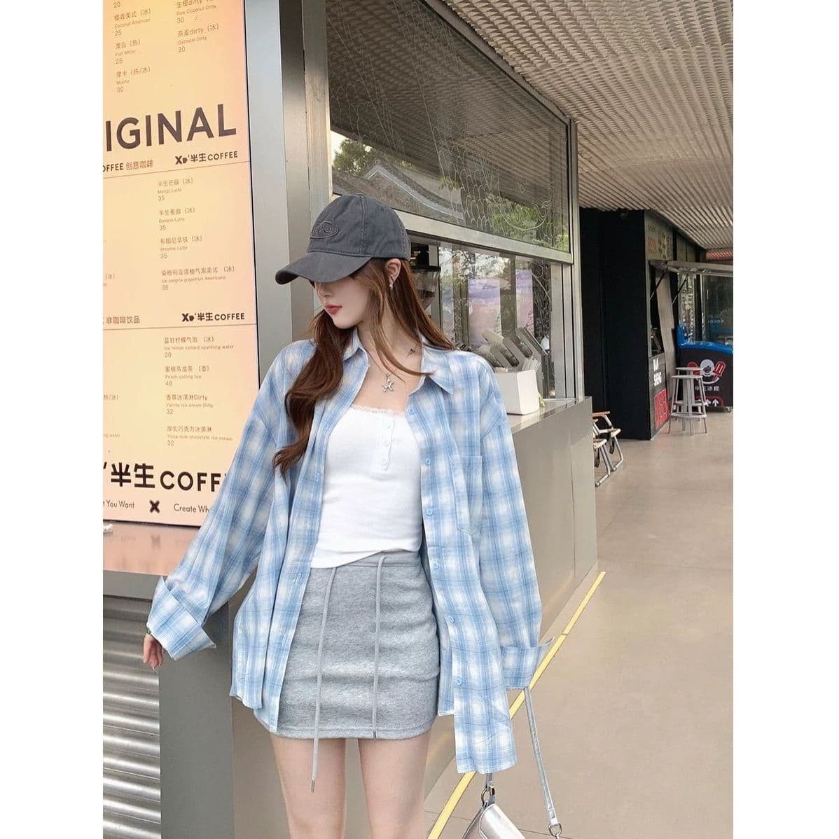 한 부서 느긋한 파란색 체크무늬 여성 셔츠 봄 가을 새로운 작은 키 연령 감소 학생 외부 가져 가라. 슬림해 보이는 맨위 재킷 이미지 5