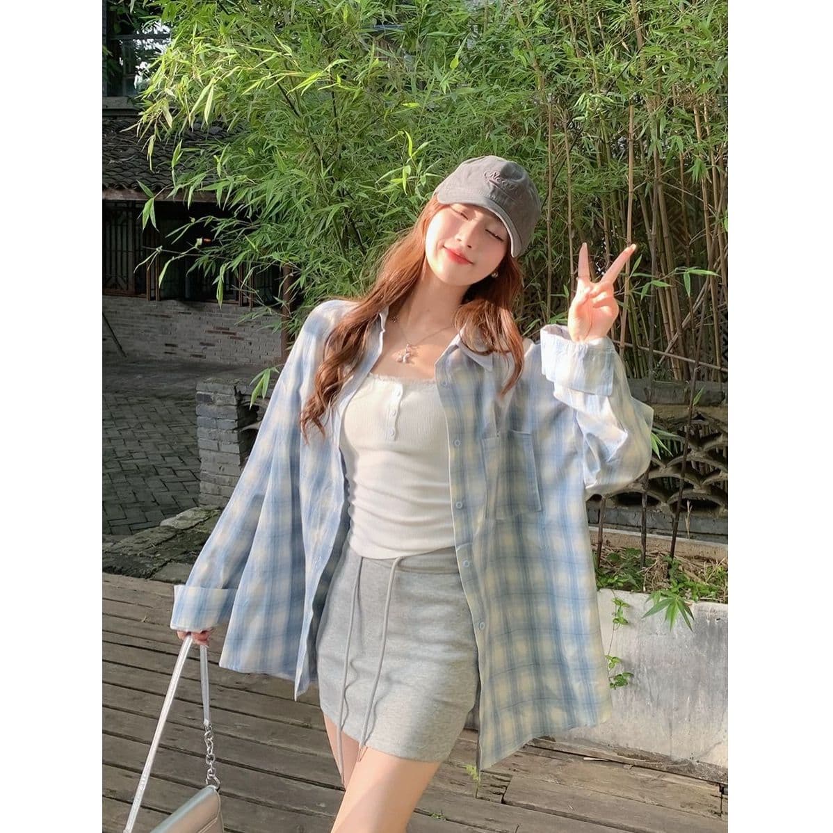 한 부서 느긋한 파란색 체크무늬 여성 셔츠 봄 가을 새로운 작은 키 연령 감소 학생 외부 가져 가라. 슬림해 보이는 맨위 재킷 이미지 3