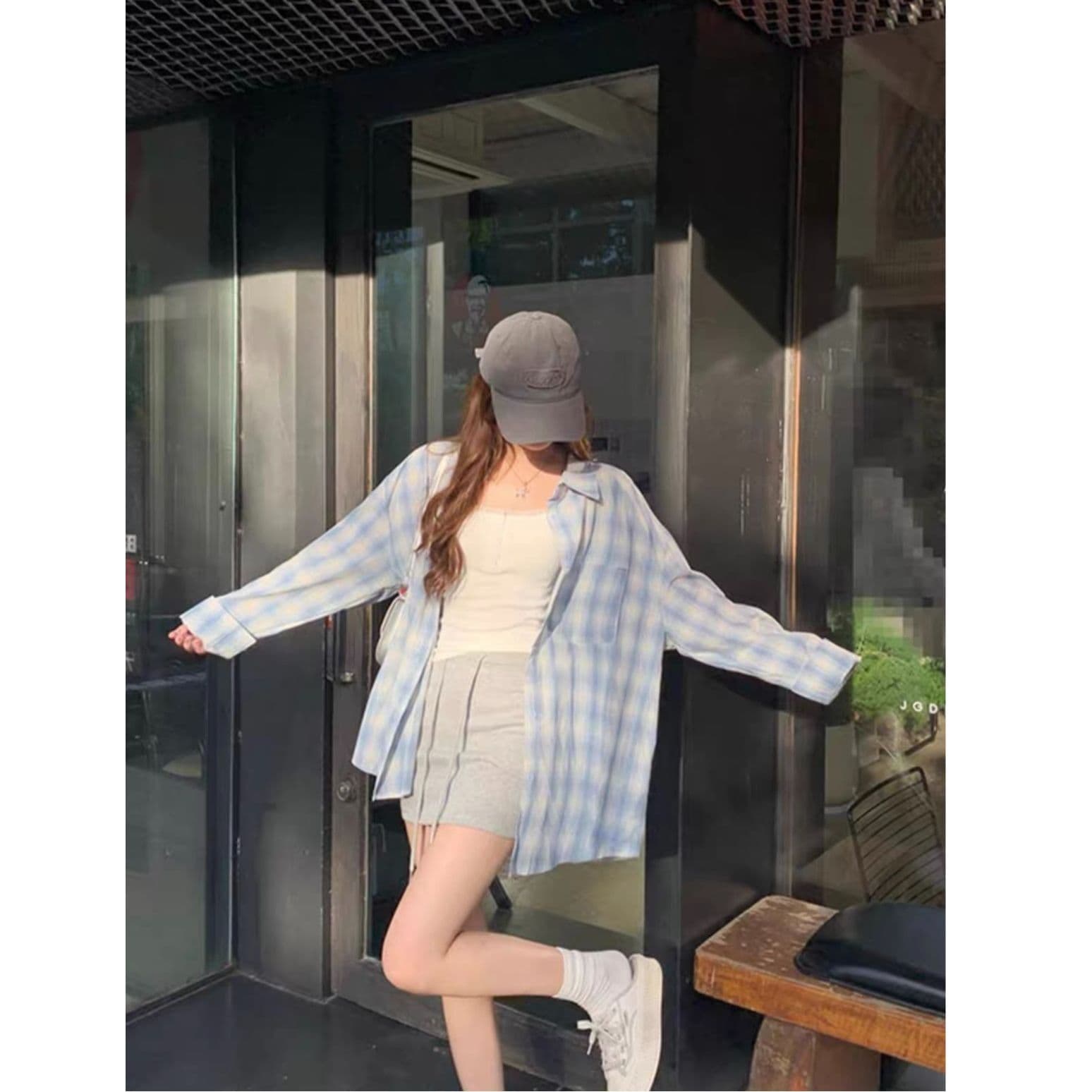 한 부서 느긋한 파란색 체크무늬 여성 셔츠 봄 가을 새로운 작은 키 연령 감소 학생 외부 가져 가라. 슬림해 보이는 맨위 재킷 이미지 2