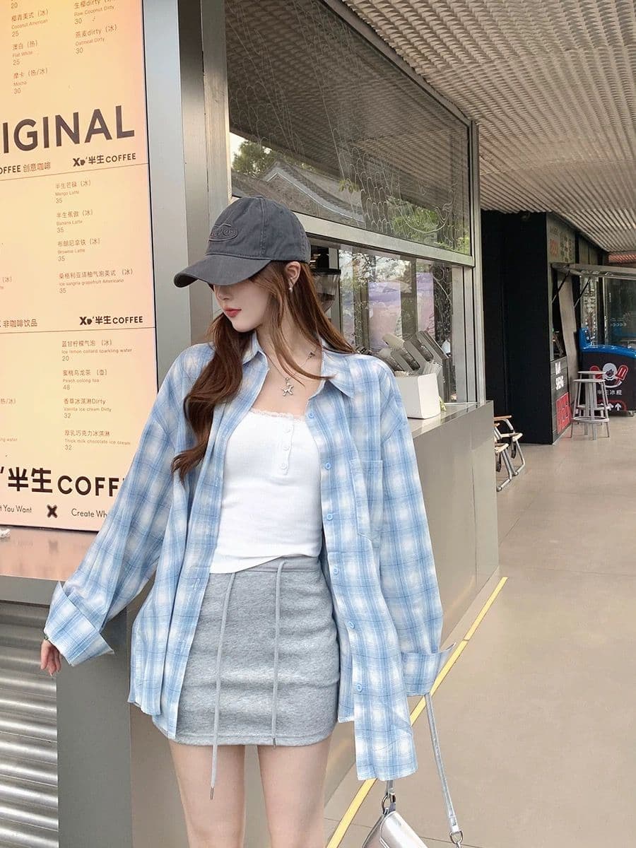 한 부서 느긋한 파란색 체크무늬 여성 셔츠 봄 가을 새로운 작은 키 연령 감소 학생 외부 가져 가라. 슬림해 보이는 맨위 재킷 상세 이미지 1
