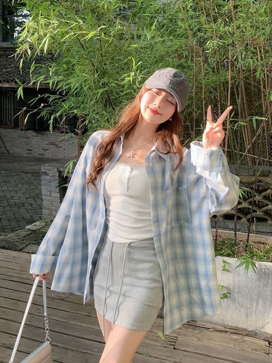 한 부서 느긋한 파란색 체크무늬 여성 셔츠 봄 가을 새로운 작은 키 연령 감소 학생 외부 가져 가라. 슬림해 보이는 맨위 재킷 상세 이미지 2