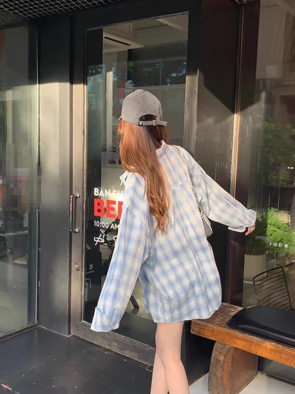 한 부서 느긋한 파란색 체크무늬 여성 셔츠 봄 가을 새로운 작은 키 연령 감소 학생 외부 가져 가라. 슬림해 보이는 맨위 재킷 상세 이미지 5