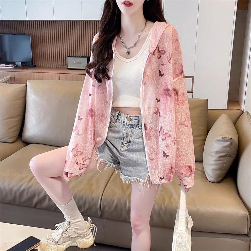 여름 한국 스타일 새로운 얼음 실크 얇은 스타일 재킷 홀치기 염색 맨위 루즈핏 후드 방풍 자외선 차단 의류 여성 트렌디 상세 이미지 11