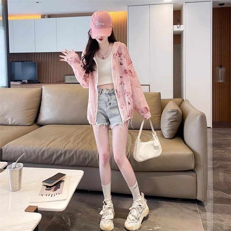 여름 한국 스타일 새로운 얼음 실크 얇은 스타일 재킷 홀치기 염색 맨위 루즈핏 후드 방풍 자외선 차단 의류 여성 트렌디 상세 이미지 14