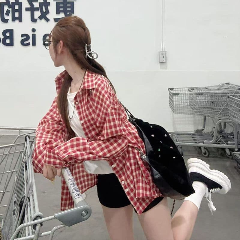 일본식 레트로 빨간색 격자 무늬 셔츠 여성 코트 봄 vintage 느슨함 센스 캐주얼 자외선 차단 셔츠 재킷 이미지 3