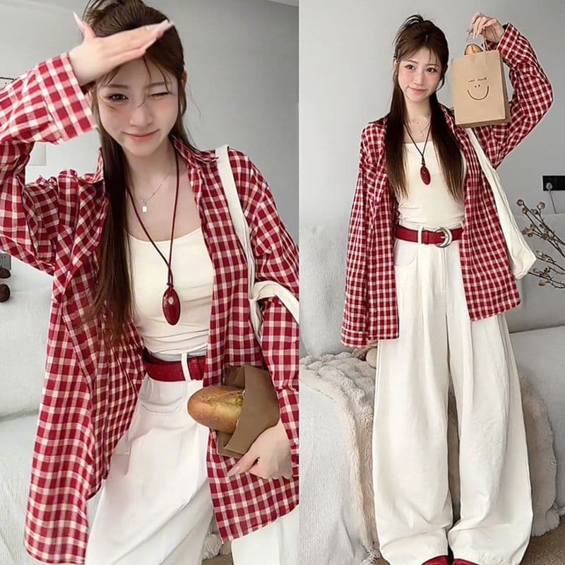 일본식 레트로 빨간색 격자 무늬 셔츠 여성 코트 봄 vintage 느슨함 센스 캐주얼 자외선 차단 셔츠 재킷