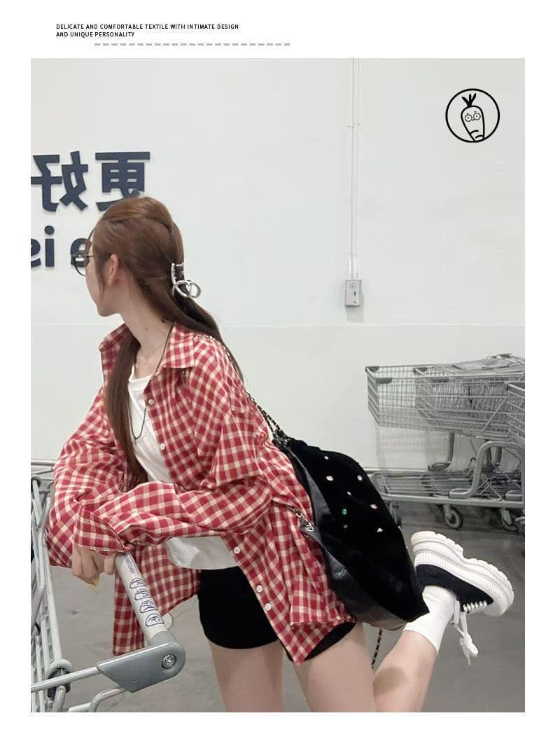 일본식 레트로 빨간색 격자 무늬 셔츠 여성 코트 봄 vintage 느슨함 센스 캐주얼 자외선 차단 셔츠 재킷 상세 이미지 4