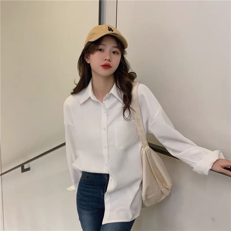 차가운 실크 코튼 있음 주머니 섹션 jk 유니폼 셔츠 봄 여름 가을 겨울철 화이트 긴팔 학생 셔츠 맨위 여성 상세 이미지 18
