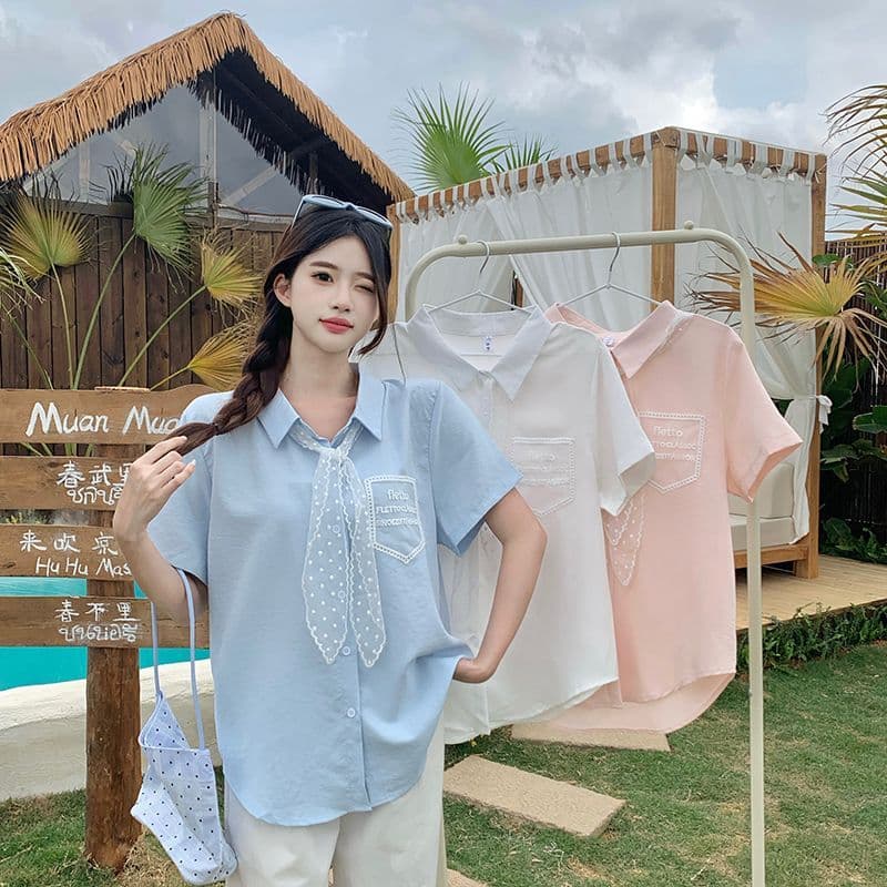 긍정적 인 어깨 레이스 넥타이 화이트 여성 셔츠 여름 새로운 반팔 신선함 디자인 센스 오픈 가디건 맨위 상세 이미지 2