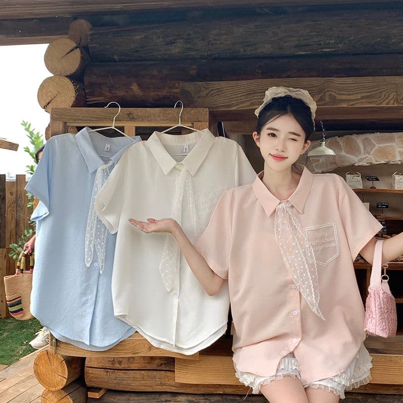 긍정적 인 어깨 레이스 넥타이 화이트 여성 셔츠 여름 새로운 반팔 신선함 디자인 센스 오픈 가디건 맨위 상세 이미지 3