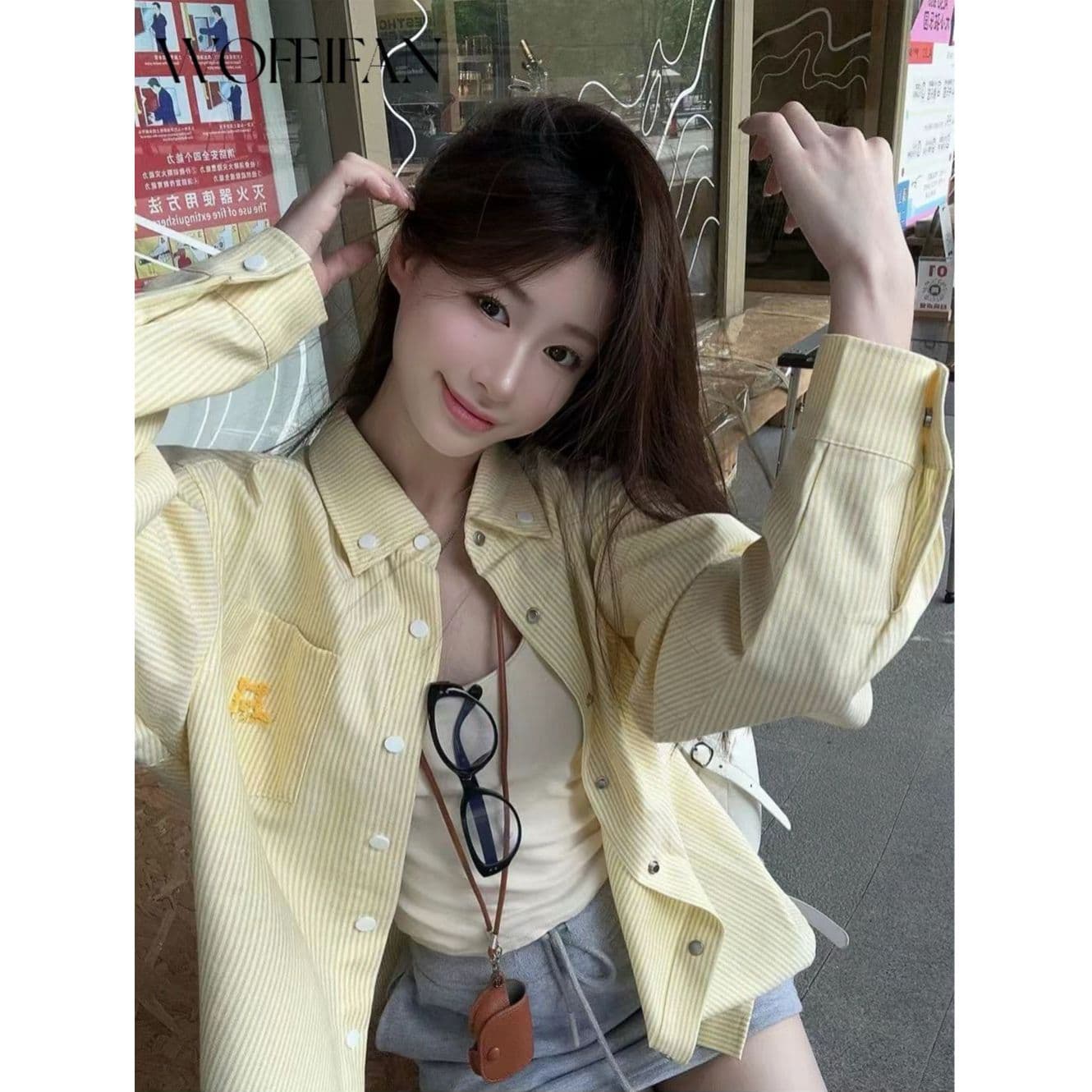 원본 높은 품질 디자인 센스 강아지 자수 루즈핏 슬림해 보이는 황색 여성 셔츠 가을 캐주얼 셔츠