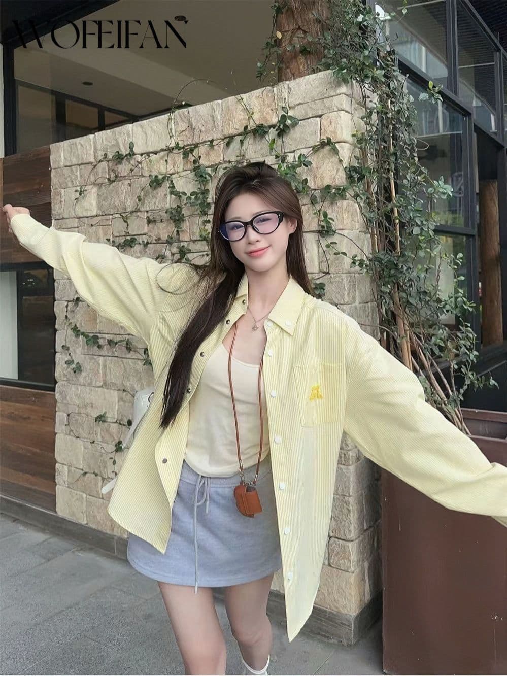 원본 높은 품질 디자인 센스 강아지 자수 루즈핏 슬림해 보이는 황색 여성 셔츠 가을 캐주얼 셔츠 상세 이미지 1