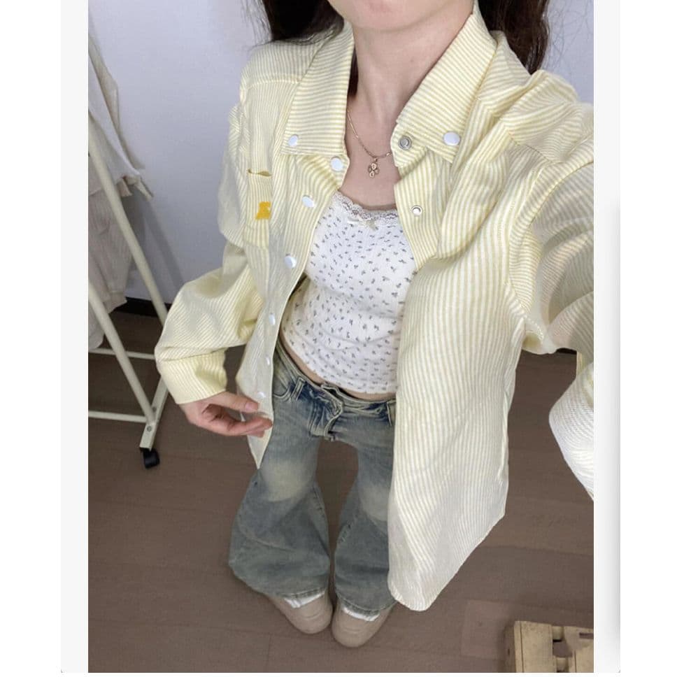 원본 높은 품질 디자인 센스 강아지 자수 루즈핏 슬림해 보이는 황색 여성 셔츠 가을 캐주얼 셔츠 이미지 2