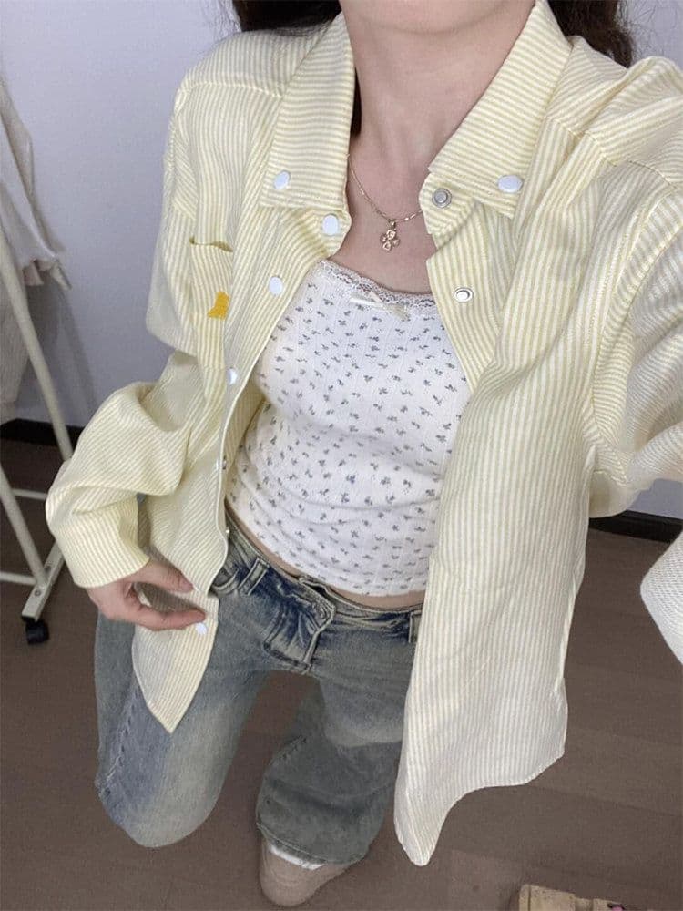 원본 높은 품질 디자인 센스 강아지 자수 루즈핏 슬림해 보이는 황색 여성 셔츠 가을 캐주얼 셔츠 상세 이미지 4