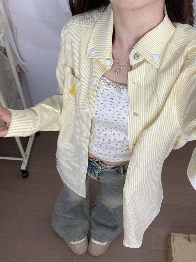 원본 높은 품질 디자인 센스 강아지 자수 루즈핏 슬림해 보이는 황색 여성 셔츠 가을 캐주얼 셔츠 상세 이미지 5