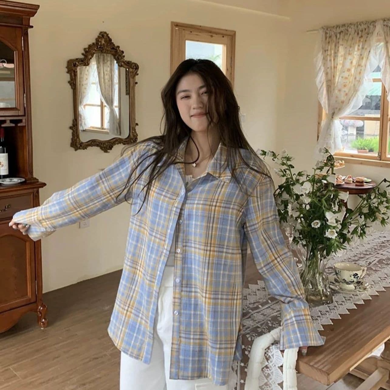 배색 느긋한 레트로 격자 무늬 셔츠 한 부서 루즈핏 봄 가을 새로운 아메리칸 긴팔 캐주얼 맨위 셔츠 재킷 상세 이미지 3