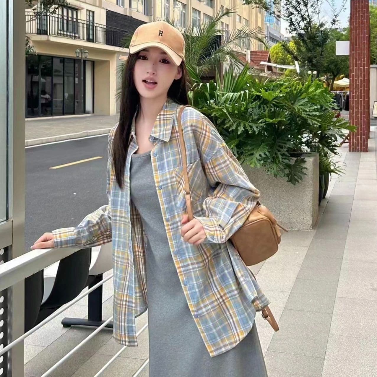배색 느긋한 레트로 격자 무늬 셔츠 한 부서 루즈핏 봄 가을 새로운 아메리칸 긴팔 캐주얼 맨위 셔츠 재킷 상세 이미지 4