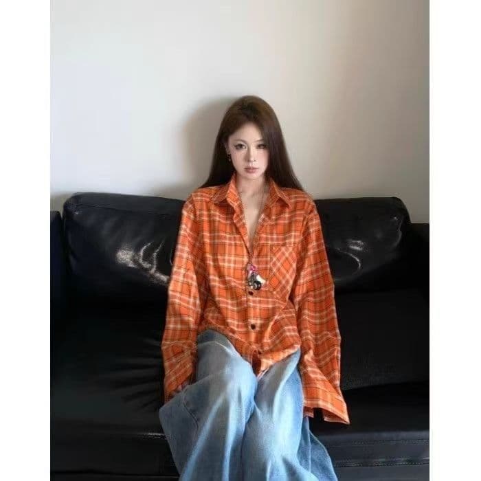 아메리칸 조수 브랜드 봄 새로운 한 부서 레트로 체크무늬 긴팔 셔츠 커플 루즈핏 다용도 셔츠 여성 상세 이미지 10