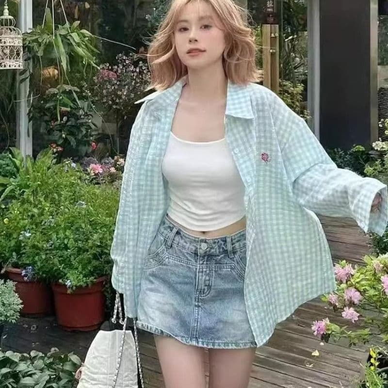 푸른 녹색 체크무늬 POLO 칼라 셔츠 여성 여름 도파민 얇은 스타일 루즈핏 자외선 차단 맨위