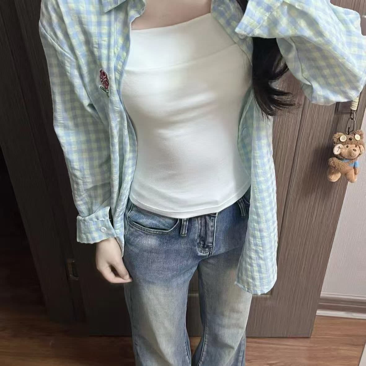 푸른 녹색 체크무늬 POLO 칼라 셔츠 여성 여름 도파민 얇은 스타일 루즈핏 자외선 차단 맨위 이미지 2